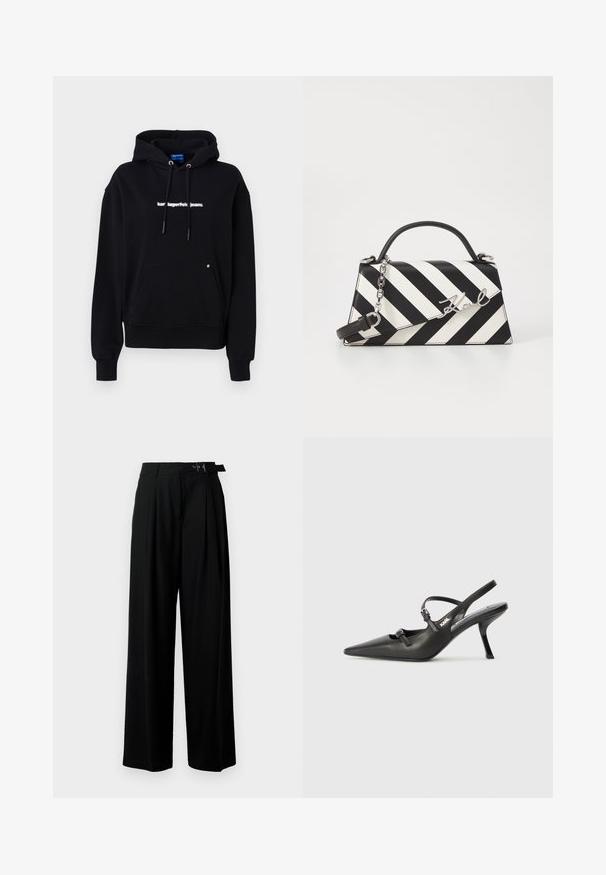 Must alusel puuvillast. Esipools on kenguru tasku, tõmblukud ja valge teksti logo rinnal. Pehme tekstuur ja lõdva sobivus.; Mustad kõrge vöökohaga mustad laiad püksid, millel on ees voldid ja vöö, millel on pandla. Valmistatud siledast ja kergest kangast.; Must musta slingback kontsad, terava nina, peenike konts ja dekoratiivne pandla detail peal. Sile tekstuur ja stiilne disain.; Mustriga musta ja valgega käekott, millel on struktureeritud kuju, pehme käepide, eemaldatav ahelriba ja metallist logo aktsent.