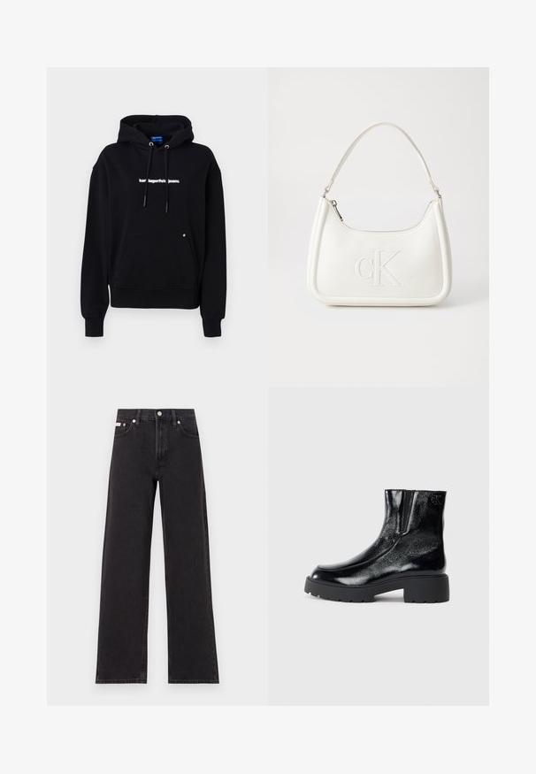 Hoodie preto feito de algodão. Apresenta um bolso frontal estilo canguru, cordões de ajuste e um logótipo em texto branco no peito. Textura suave e corte descontraído.; Jeans de perna larga pretos feitos de denim, apresentando uma cintura alta, estilo de cinco bolsos e um fecho em botão de metal com costura contrastante.; Botas de tornozelo pretas com acabamento em pele envernizada brilhante, sola de borracha preta robusta e salto elevado; inclui um detalhe discreto do logótipo na lateral.; Mala de mão branca em pele com uma forma curva, apresentando um logo "CK" em relevo na frente e uma alça de ombro única. Fecho com zíper na parte superior.
