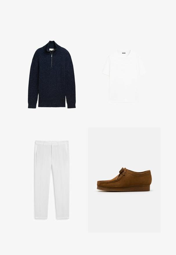 Marinefarbener Strickpullover mit einem Halb-Reißverschluss-Kragen, gerippter Textur und gesprenkelten Details. Langärmlig mit umgeschlagenen Enden.; Weißes Baumwoll-T-Shirt mit kurzen Ärmeln, rundem Ausschnitt und geradem Schnitt. Glatte Textur ohne sichtbare Muster oder Akzente.; Weiße Leinenhose im geraden Schnitt, mit zwei frontalen Taschen und einem Knopfverschluss. Glatte Textur, keine sichtbaren Muster oder Akzente.; Braune Wildlederschuhe mit runder Spitze und niedrigem Absatz, mit detaillierten Nähten entlang der Nähte und einer Schnürung auf der Vorderseite. Weiche Textur mit schlankem Design.