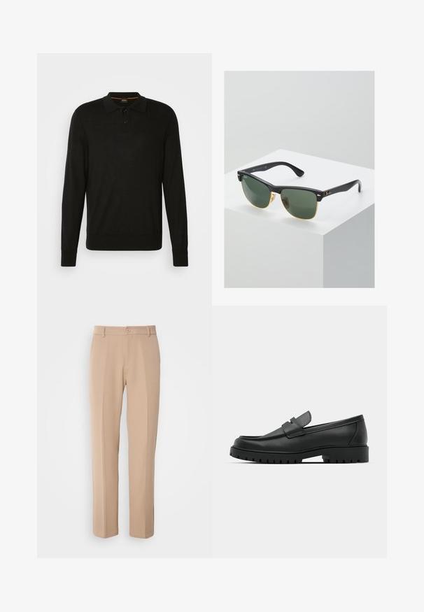Polo shirt noir à manches longues en tissu lisse, avec un plastron à deux boutons, des poignets côtelés et un logo brodé discret.; Pantalons beiges en tissu lisse, présentant une coupe droite, une fermeture à bouton à l'avant et des détails de plis discrets sur le devant.; Mocassins en cuir noir à bout arrondi, avec un design cousu, une semelle plateforme basse et une semelle en caoutchouc texturée et crantée.; Lunettes de soleil Ray-Ban avec des verres verts, monture en plastique noir et accents dorés sur les bords. Forme carrée avec une finition mate.
