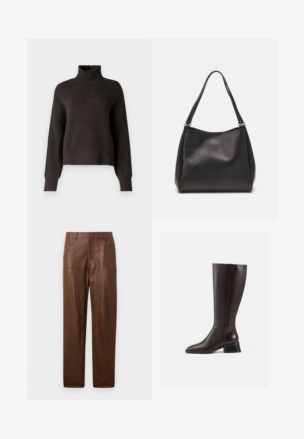 Samsøe Samsøe NOLA - Pulover - chocolate torte; Pantaloni din piele maro cu o textură netedă, design cu picior drept și două buzunare laterale. Prezintă detalii de cusături vizibile.; Botine din piele maro, până la genunchi, cu finisaj neted, vârf rotund și toc negru, stratificat. Design simplu, cu detalii hardware minime.; Geantă de mână din piele sintetică neagră, cu o textură moale, formă hobo și două bretele pentru umăr; prezintă un finisaj lucios și un design minimalist.