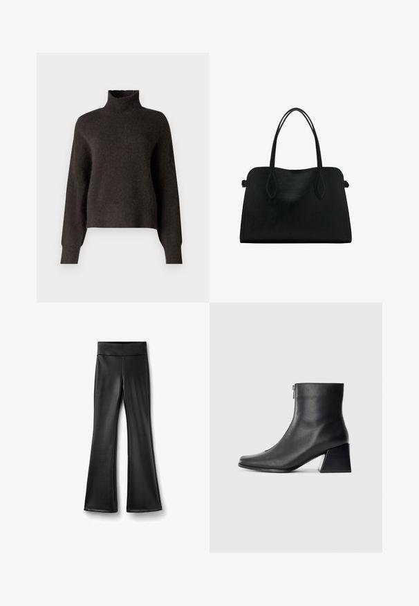 Samsøe Samsøe NOLA - Pullover - chocolate torte; Leggings noires évasées en matériau lisse et brillant avec une large ceinture. Couleur uniforme, sans motifs visibles ni détails métalliques.; Bottine en cuir noir avec un bout carré, fermeture éclair sur le côté et talon bloc sur fond clair uni.; Sac à main en cuir noir avec deux anses, de forme rectangulaire et au design minimaliste sur un fond blanc.