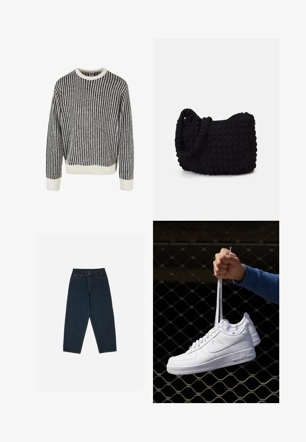 Gestreifter Strickpullover in Schwarz und Weiß mit Rundhalsausschnitt, gerippter Textur und langen Ärmeln. Der untere Saum und die Bündchen sind mit einfarbigen weißen Akzenten versehen.; Dunkelblaue, hochgeschnittene Jeans mit lockerer Passform, ausgestattet mit fünf Taschen und einem Knopfverschluss. Hergestellt aus Denim mit glatter Textur.; Weiße Leder-Sneaker mit Perforationen, runder Zehenpartie, flacher Sohle und dicken Schnürsenkeln, mit sichtbar eingesticktem Swoosh-Logo und "AIR" an der Ferse.; Schwarze Stofftasche mit einer strukturierten, gesteppten Oberfläche. Abgerundete Form, kurze, dicke Griffe und eine weiche, flexible Struktur.