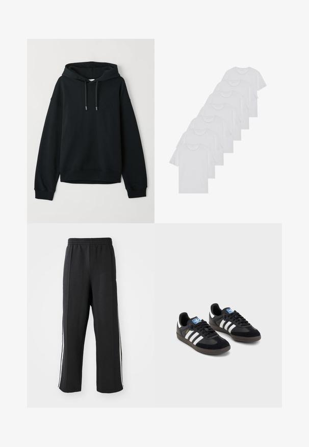 Schwarzer Kapuzenpullover aus weich gepichtetem Baumwollgemisch. Mit einer verstellbaren Kapuze, gerippten Bündchen und Saum sowie einem dezenten Logo auf der Brust.; Weiße Baumwoll-T-Shirts, kurze Ärmel, Rundhals-Design, schlichte Textur, in einer Reihe gestapelt, mit dezentem Branding am Hals.; Schwarze Jogginghose mit elastischem Bund, ausgestattet mit weißen seitlichen Streifen und einem lässigen Schnitt. Hergestellt aus weichem, dehnbarem Stoff.; Schwarze Sneaker mit einem Obermaterial aus Wildleder und Synthetik, ausgestattet mit drei weißen Streifen, einer strukturierten Gummi-Sohle und einem blauen Logo-Tag auf der Zunge.