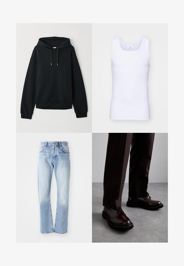 Czarna bluza z kapturem wykonana z miękkiej mieszanki bawełny. Posiada regulowany kaptur, ściągacze przy mankietach i u dołu oraz subtelne logo na klatce piersiowej.; Biała bawełniana koszulka bez rękawów z okrągłym dekoltem, charakteryzująca się gładką fakturą i dopasowanym krojem, zaprojektowana do noszenia na co dzień.; Jasnoniebieskie dżinsy o prostym kroju nogawki. Charakteryzują się pięcioma kieszeniami, zapinaniem na guzik i wyblakłym wykończeniem w dolnej części.; Brązowe skórzane buty sznurowane o błyszczącym wykończeniu, czarna gumowa podeszwa i subtelne przeszycia. Noszone z brązowymi spodniami w prążki.