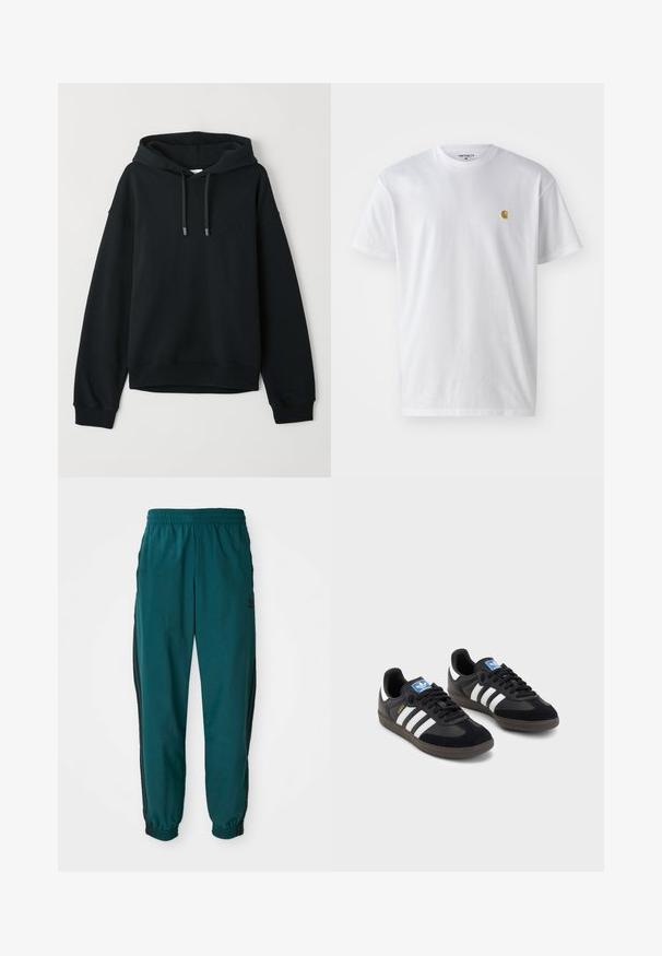 Hoodie noir en mélange de coton doux. Présente une capuche avec cordon, des poignets et un ourlet côtelés, avec un logo discret sur la poitrine.; T-shirt en coton blanc à manches courtes, col rond, avec un petit logo doré sur la poitrine gauche. Texture douce et coupe régulière.; Pantalons de sport turquoise avec une taille à cordon de serrage, des poignets élastiques et des rayures noires sur les côtés. Fabriqués en tissu léger, avec un logo près des hanches.; Des baskets noires avec une tige en suède et en matériaux synthétiques, dotées de trois rayures blanches, d'une semelle en caoutchouc texturé et d'une étiquette de logo bleue sur la languette.