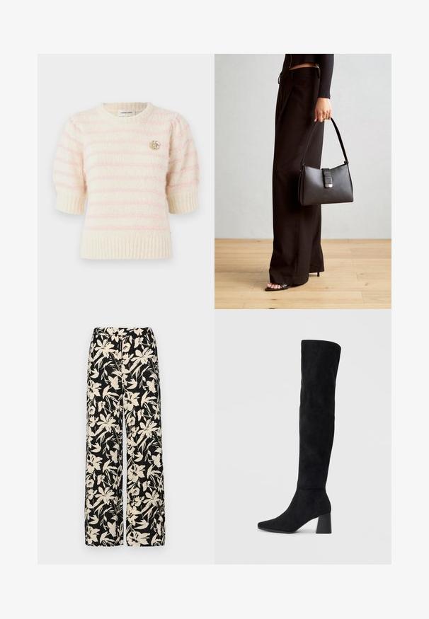 Weißer Strickpullover mit hellrosa Streifen. Kurzärmlig und mit geripptem Saum. Verziert mit einer dekorativen Blumenbrosche.; Schwarze weit geschnittene Hose mit einem cremefarbenen Blumenmuster. Hergestellt aus leichtem Stoff, mit einer glatten Textur und einem hohen Bund.; Schwarze Wildleder-Stiefel bis zum Knie mit Blockabsatz, spitzer Zehe und glattem, nahtlosem Design auf einem schlichten, hellen Hintergrund.; Schwarze Handtasche mit strukturierter Form, glatter Textur und einem metallischen Verschluss. Kombiniert mit weiten schwarzen Hosen und offenen Sandalen auf einem Holzboden.