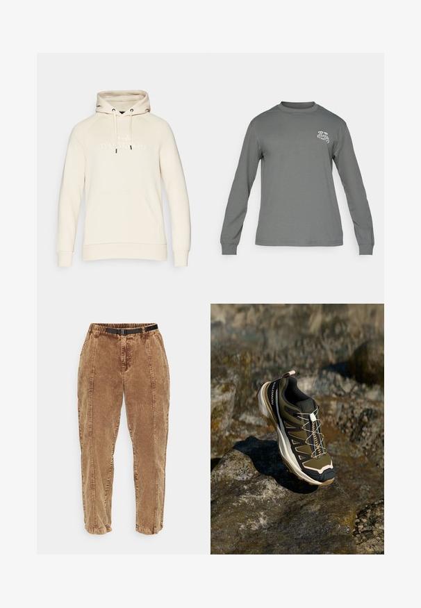 Beige pullover hoodie med snørehætte, kængurulomme og præget "Peak Performance" logo på fronten. Blød stoftekstur.; Langærmet skjorte i grå stof med runde halsudskæring og et hvidt grafisk logo på venstre bryst. Glat tekstur og enkelt design.; Brune fløjlshorts med en tekstureret overflade, der har et justerbart sort bælte, sidelommer og en afslappet pasform. Bukserne snævrer ind mod anklerne.; Vandrestøvle i olivengrøn og sort med pink accenter. Har en tekstureret overdel, fleksibel sål, forstærket tåhætte og farverigt snøresystem.