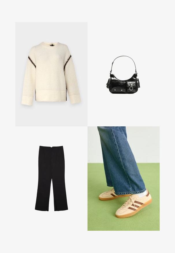 Kremowy sweter z teksturowanym wzorem, z brązowymi akcentami szycia na ramionach i bocznymi rozcięciami. Długie rękawy, okrągły dekolt.; Czarne spodnie o prostym kroju, z przednimi kieszeniami i bocznymi rozcięciami na dole. Wykonane z miękkiego, gładkiego materiału. Odpowiednie na różne okazje.; Beżowe sneakersy z fakturowanymi kremowymi panelami i brązowymi paskami, w połączeniu z niebieskimi dżinsami. Dżinsy mają szerokie nogawki i postrzępione wykończenie.; Czarna torebka z lakierowanej skóry o zaokrąglonym kształcie, z jednym paskiem na ramię, przednimi kieszeniami i akcentami w kolorze srebrnym.