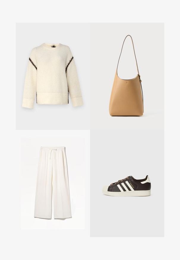 Cream sweater with a textured pattern, featuring brown accent stitching along the shoulders and side slits. Long sleeves, round neckline.; White wide-leg trousers made from lightweight fabric, featuring an elastic waistband, drawstring, and side pockets with no visible patterns.; Low-top Adidas Superstar sneaker in dark brown leather with cream shell toe, white stripes, and "Superstar" text on the side.; Leather shoulder bag in light tan with a smooth texture, minimalist design, a single curved strap, and subtle hardware detailing.