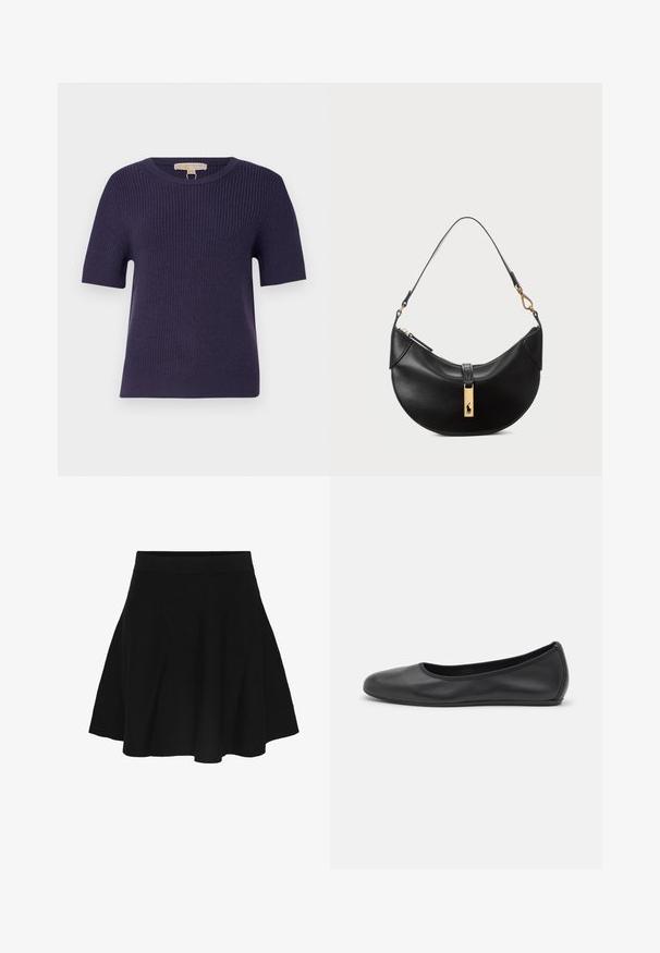 MICHAEL Michael Kors SHORT SHAKER - Pulover - dark iris; Črna razširjena krila z elastičnim pasom, do kolen, izdelana iz mehkega blaga, prikazana na beli podlagi.; Črne usnjene balerinke z zaobljenim nosom, gladko teksturo, minimalnimi šivi in fleksibilno zasnovo podplata.; Črna usnjena torbica v obliki polmeseca. Ima zlato kovinsko dekoracijo in ozek trak. Gladka tekstura, z zadrgo na vrhu.