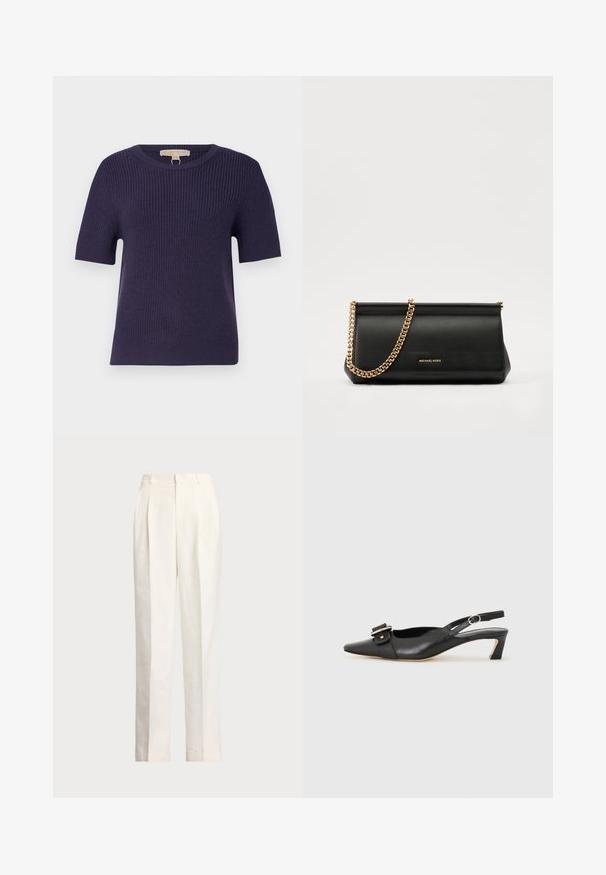 MICHAEL Michael Kors SHORT SHAKER - Pulover - dark iris; Polo Ralph Lauren HEMP WIDE LEG PANT - Pantaloni - nevis; Pantofii negri din piele cu toc mic, vârf ascuțit și detaliu decorativ cu cataramă pe partea superioară. Textură netedă, design minimal.; Plică din piele neagră cu o curea din lanț auriu, având o textură netedă, formă rectangulară și o marcă embosată pe față.
