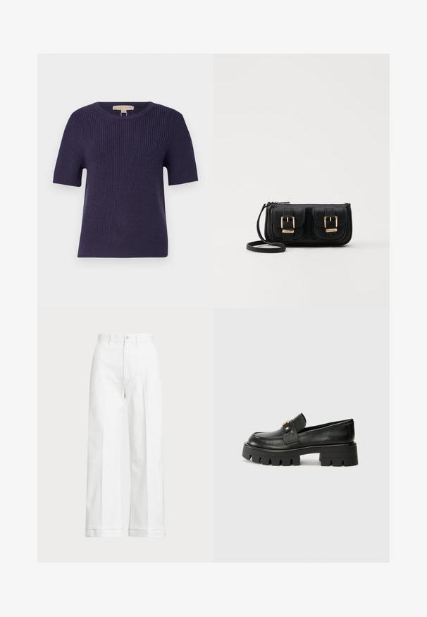MICHAEL Michael Kors SHORT SHAKER - Jumper - dark iris; White wide-leg trousers with a high waist, featuring a button closure and subtle stitching details. Made from cotton with a smooth texture.; Black leather loafers with a chunky sole, featuring a gold-tone accent on the front and a smooth finish. Chunky tread design on the sole.; Black leather crossbody bag with two front pockets, gold buckles, zipper closure, and a slim strap. Textured surface and compact rectangular shape.