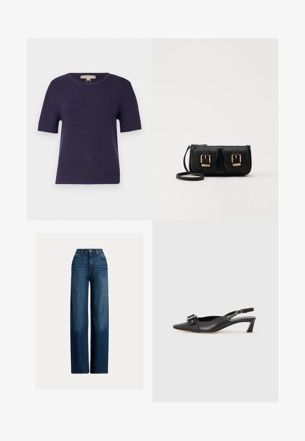 MICHAEL Michael Kors SHORT SHAKER - Trui - dark iris; Wijde spijkerbroek in donkerblauw. Met een hoge taille, knoopsluiting en klassiek vijfzak ontwerp. Effen textuur met subtiele vervaging.; Zwarte leren slingback schoen met scherpe neus, kleine hak en decoratieve gespdetails op de bovenkant. Stijlvolle textuur, minimalistisch ontwerp.; Zwarte leren schoudertas met twee vo pockets, gouden gespen, ritsluiting en een smalle band. Tekstuur oppervlak en compacte rechthoekige vorm.