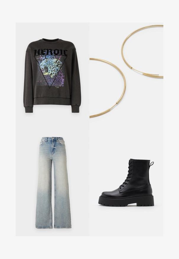 Sudadera gris oscuro con cuello redondo, que presenta un gráfico de leopardo dentro de un diseño triangular, resaltado con acentos en púrpura y azul.; Jeans de mezclilla de tiro alto y pierna ancha en color azul claro, con cinco bolsillos y costuras visibles a lo largo de las costuras.; Botas de cuero negras hasta el tobillo con punta redonda, cordones en la parte delantera y una suela de goma gruesa con un dibujo texturizado. Tirador en la parte trasera.; Pendientes de aro color dorado, delgados y redondos, con un acabado metálico suave y sin adornos ni patrones.