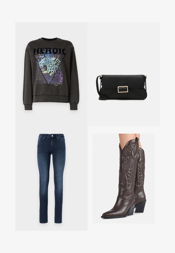 Donkergrijze sweatshirt met een ronde hals, voorzien van een luipaardgrafiek binnen een driehoekig ontwerp, benadrukt met paarse en blauwe accenten.; Donkerblauwe skinny jeans van denim, met een klassieke vijf-pocketontwerp, knoopsluiting en subtiele vervaging op de dijen.; Bruine leren cowboylaarzen met een spitse neus en blokhak, voorzien van gedetailleerde stiksels en verhoogde accenten op de schacht.; Zwarte leren clutch met een klep en een gouden metalen sluiting. Inclusief een zwarte schouderband en een slank, minimalistisch ontwerp.; Zilveren creolen met een gedraaide ontwerp, voorzien van een gepolijste afwerking en een post-back sluiting. Meet ongeveer 3 cm in diameter.