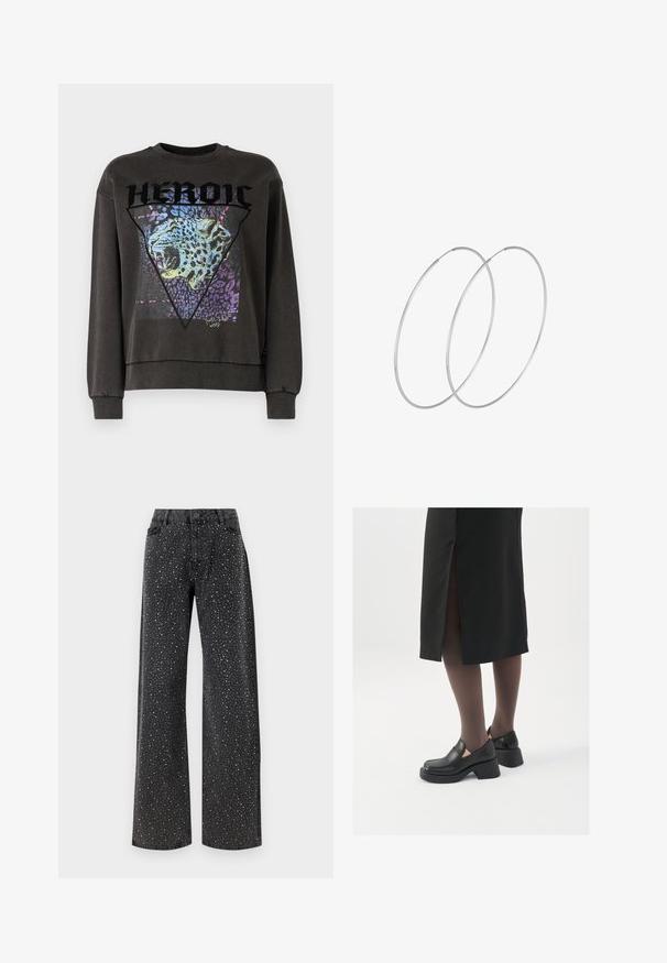 Czarnoszary sweatshirt z okrągłym dekoltem, zdobiony leopardem w trójkątnym wzorze, podkreślony fioletowymi i niebieskimi akcentami.; Noisy May NMJANNEL czarny denim; Czarne skórzane buty z okrągłym noskiem, grubym blokowym obcasem i elastycznymi akcentami po bokach, zestawione z ciemnymi rajstopami i czarną spódnicą z rozcięciem.; Srebrne kolczyki w formie obręczy o minimalistycznym designie. Okrągły kształt, gładka faktura i cienki profil. Lekkie, z polerowanym wykończeniem.