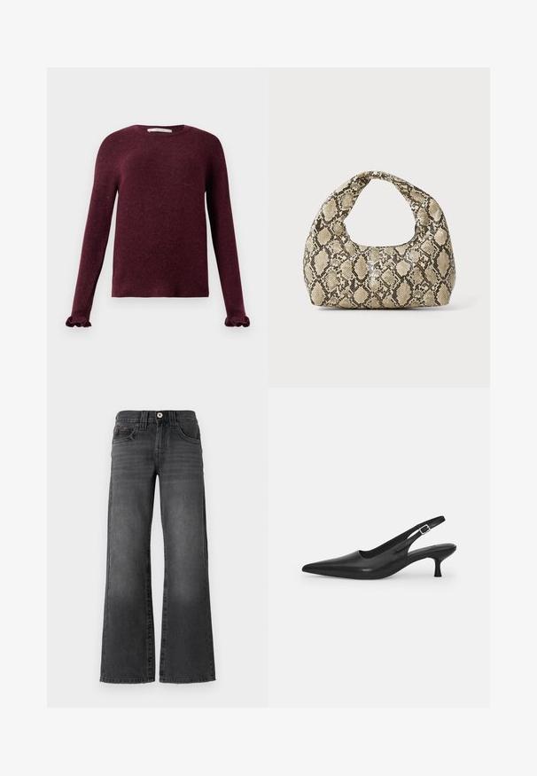 Burgundijas garām piedurknēm adīts džemperis ar gumijas aprocēm un apaļu kakla izgriezumu uz vienveidīga fona.; Platas kājas džinsi tumši pelēkā denima. Iekļauj piecas kabatas, pogu aizdari un vieglu izbalējumu uz auduma. Klasiska šuvuma akcenti.; Melnas ādas slīdošās kurpes ar norādītu pirkstu un šauru, izliekta papēdi. Ar diskrētu regulējamu siksniņu ar metāla sprādzi.; Čūsku raksta soma ar izliekto rokturi. Izgatavota no teksturētiem, bēšiem un brūniem materiāliem, ar izteiksmīgu dimanta rakstu.