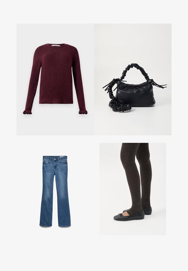 Burgundijas garām piedurknēm adīts džemperis ar gumijas aprocēm un apaļu kakla izgriezumu uz vienveidīga fona.; Zilīgie akrila flared džinsi ar vidukļa augstumu, divām priekšējām kabatām un izšūtu jostasvietu. Mīksta tekstūra un tradicionāls piecu kabatu dizains.; Melnas plakano formas kurpes ar mazu loku uz pirksta, apvienotas ar tumši brūnām ribotām zeķubiksēm. Kurpēm ir gluda tekstūra un zems profils.; Melnā mākslīgās ādas rokassoma ar krokodila rakstu, savilkta augšdaļa un saburzīta siksna. Izskatās mīksta un kompakta pēc dizaina.