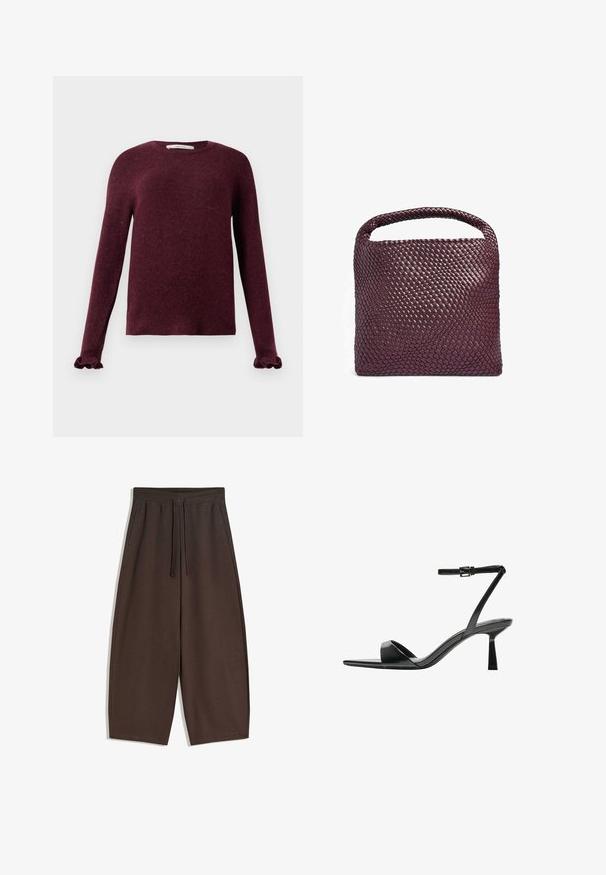 Långärmad burgundyröd stickad tröja med volangärmmuddar och rund halsringning på en neutral bakgrund.; Bruna vida byxor av mjukt tyg, med elastisk midja och dragsko, med slät textur och ren design.; Bershka Sandaletter - black; Vävt läderhandbag i djup burgundy, fyrkantig form med ett rundat handtag och en strukturerad ytmönster. Minimalistisk design.