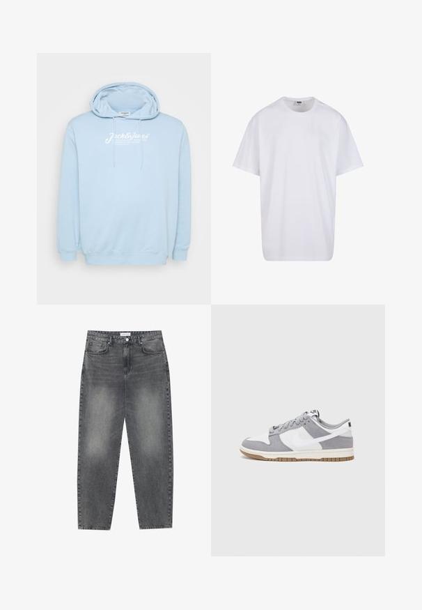 Light blue hoodie with a front kangaroo pocket, drawstring hood, and white logo text on the chest. Made of soft fabric with ribbed cuffs.; White cotton t-shirt with short sleeves, rounded neckline, relaxed fit, and no visible logos or patterns. Smooth texture and minimal design.; High-waisted, loose-fitting jeans in faded black denim. Features five pockets, belt loops, and a clean, straight leg design.; Gray and white sneaker with a suede and leather upper, rounded toe, flat laces, and a rubber sole featuring a gum accent.