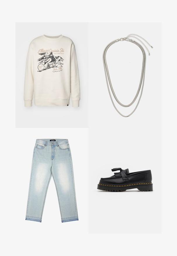 Sudadera color crema con un estampado gráfico de un esquiador y montañas. Tiene un cuello redondo, puños acanalados y un corte holgado.; Pegador BARROW - Vaqueros holgados - sand washed blue; Mocasín de cuero negro con un acento de borlas, que presenta una suela gruesa negra y costuras amarillas a lo largo del borde. Acabado texturizado.; Collar de metal plateado de tres capas que presenta cadenas flexibles y elegantes con un ligero brillo, asegurado con un cierre de langosta y cadena ajustable.