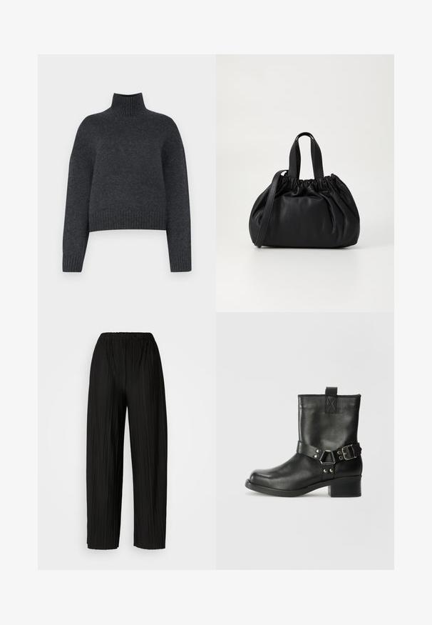DAY Birger et Mikkelsen KENDRA - Pulóver - antracit grey; Fekete, pliszírozott, bőszárú nadrág rugalmas derékkal. Az anyag függőleges pliszékkel és sima textúrával rendelkezik.; Samsøe Samsøe SABRENTA - Cowboy/motoros bokacsizma - black; Fekete bőr kézitáska, összegyűrt felső dizájnnal, két rövid fülekkel és egy hosszú, állítható pánttal. Simább textúra, lekerekített forma.