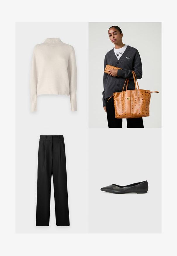 Repeat Strickpullover - moondust; Schwarze weit geschnittene Hose mit glatter Textur, ausgestattet mit Vorderfalten und einem hochgeschnittenen Design. Hergestellt aus einem leichten Stoff.; Schwarze Leder-Ballerinas mit spitzem Zehenbereich, niedrigem Absatz und glatter Textur. Minimalistisches Design mit einem dezenten seitlichen Akzent.; Frau in einem dunkelgrauen Cardigan und weißem Hemd, die eine sandfarbene Leder-Tasche und ein passendes Portemonnaie mit Logo-Druck hält.