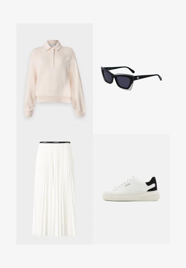 Jasnoróżowy polarowy sweatshirt z kołnierzykiem, z trzema guzikami oraz wytłoczonym logo marki na piersi. Miękka tkanina, luźny krój.; Plisowana biała spódnica z czarnym elastycznym pasem z logo "LACOSTE". Średniej długości, o miękkiej teksturze.; Białe skórzane sneakersy z grubą białą podeszwą, czarnym zamszowym akcentem na pięcie oraz wytłoczonym logotypem z boku. Projekt z sznurówkami i sześcioma dziurkami.; Czarne, oversize okulary przeciwsłoneczne o geometrycznym kształcie, z ciemnymi soczewkami i kontrastującym szarym detalem na oprawie. Logo na ramieniu.