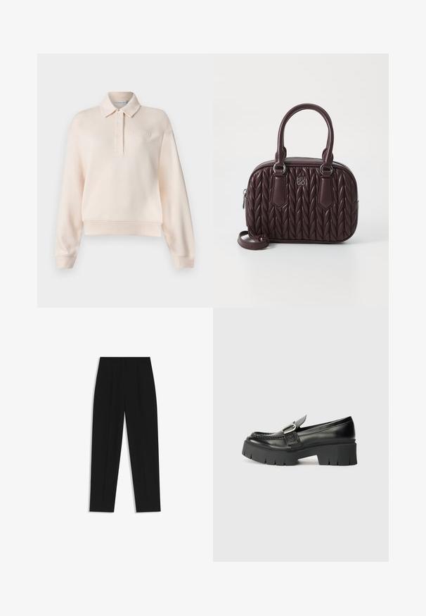 Pale pink polo sweatshirt with a collared neckline, three-button placket, and embossed brand logo on the chest. Soft fabric, relaxed fit.; Black trousers with a straight fit, featuring double pleats, a smooth texture, and a classic waistband design. No visible hardware or accents.; Black leather loafers with a chunky rubber sole. Features a buckle accent and stitched detailing along the upper. Flat heel.; Burgundy leather handbag with quilted pattern, dual top handles, and removable strap. Features silver-tone hardware and embossed logo.