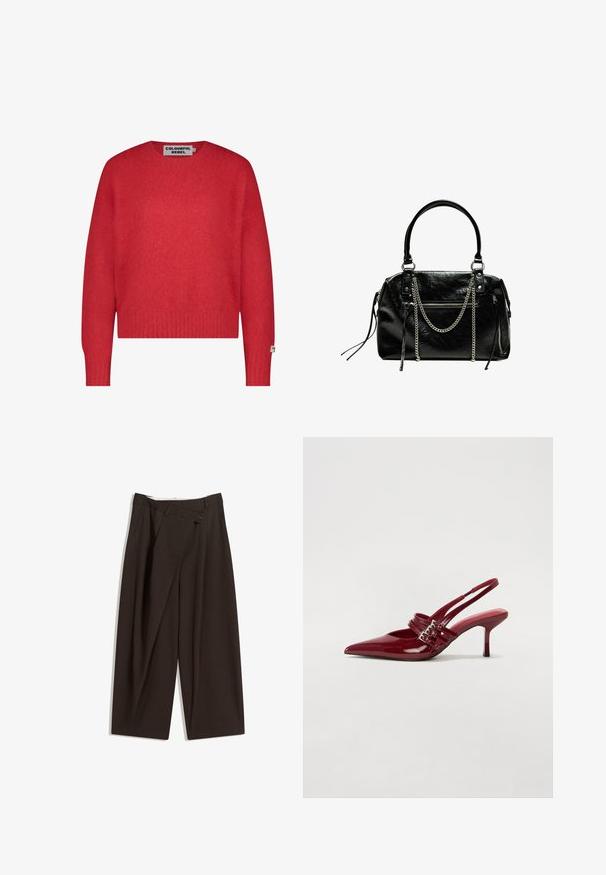 Piros kötött pulóver kerek nyakkivágással, hosszú ujjakkal és bordázott szegéllyel, a belső gallérján a "Colourful Rebel" címkével.; Sötétbarna, bő szárú nadrág magas derékkal, egyetlen gombos záródással és redős elülső résszel. Könnyű anyagból készült.; Piros lakkbőr slingback sarokcipő, hegyes orral, két csatoló pánttal és vékony, közepes magasságú stiletto sarokkal. Simább textúrájú.; Bershka WITH CHAIN - Kézitáska - black
