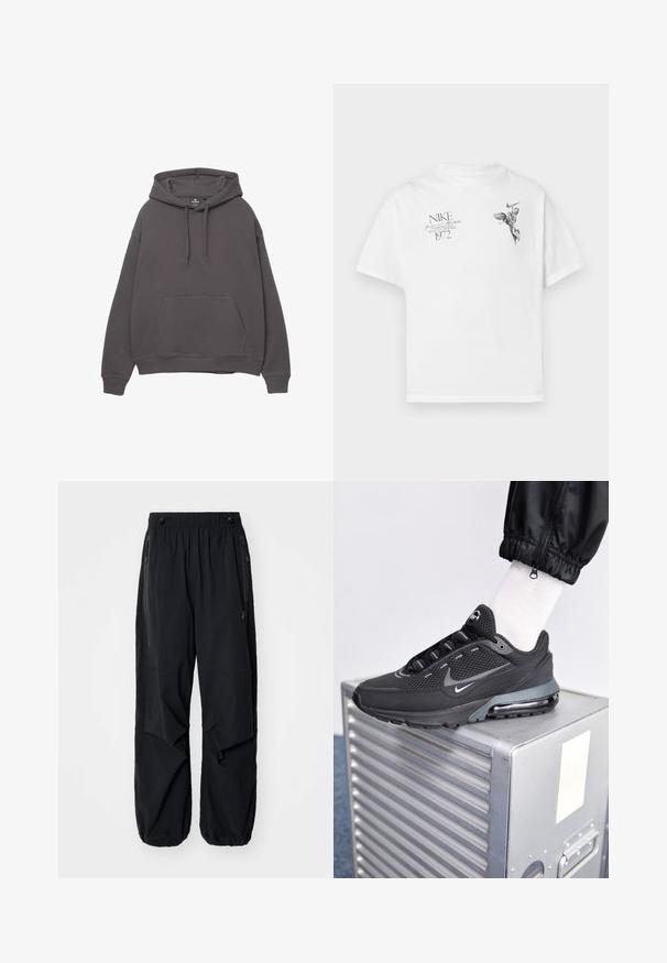 Grijze katoenen hoodie met een voorzak, verstelbare trekkoordcapuchon, ribbels aan de mouwen en onderkant. Eenvoudig ontwerp, zachte textuur en een relaxte pasvorm.; Witte katoenen t-shirt met een zwarte grafische print van een gevleugeld figuur en tekst, met een ronde hals en korte mouwen.; Zwarte lichtgewicht cargobroek met een elastische tailleband, zijritsen en ruime zakken. Heeft een losse pasvorm en taps toelopende boorden.; Nike Sportswear PULSE - Sneakers laag - black/anthracite