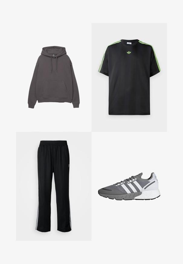 Šedá bavlněná mikina s kapsou na přední straně, nastavitelnou šňůrkou na kapuci, žebrovanými manžetami a lemem. Jednoduchý design, měkká textura a uvolněný střih.; Černé tričko vyrobené z hladké tkaniny s kulatým výstřihem, s třemi zelenými pruhy na ramenou a malým zeleným logem na hrudi.; Černé sportovní kalhoty s elastickým pasem, s bílými bočními pruhy a malým logem. Materiál vypadá měkce a lehce.; Šedá a bílá sportovní bota s horní částí z síťoviny, třemi bílými pruhy, polstrovanou podrážkou a zdrsněnou šedou gumovou podrážkou.