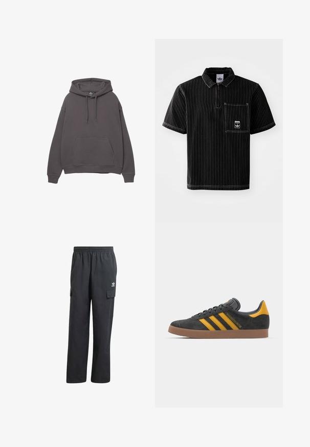 Hanorac gri din bumbac cu buzunar frontal, glugă ajustabilă cu șnur, mânici și tiv cu bordură. Design simplu, textură moale și croială lejeră.; Tricou polo negru cu mânecă scurtă, cu fermoar frontal, dungi verticale albe, buzunar pe piept cu un logo mic și țesătură texturată.; Pantaloni cargo negri cu talie elastică, două buzunare laterale și un logo subtil pe coapsa stângă. Confecționați dintr-un material ușor.; Tenisi negri din suede cu accente galbene, având trei dungi și o talpă din cauciuc maroniu. Include un limba căptușită pentru confort.