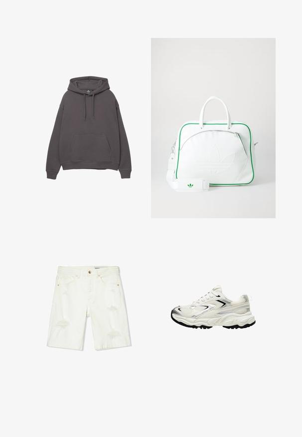 Harmaa puuvillane huppari, millel on eesmine tasku, reguleeritav nööriga kapuuts, soonikkoes varrukad ja äär. Lihtne disain, pehme tekstuur ja jahedam istuvus.; Valkoiset farkkushortsit, joissa on keski- ja korkea vyötärö, kulutettu pinta, viisi taskua ja kuparinväriset yksityiskohdat. Sileä materiaali ja rento istuvuus.; Valkoiset lenkkarit, joissa on verkkokangas-yläosa, hopeiset yksityiskohdat, musta pohja ja teksturoitu pinta. Varustettu nauhakiinnityksellä ja pyöreällä kärjellä.; Valkoinen nahkalaukku vihreällä reunuksella, jossa on näkyvä kohokuvioitu logo, kaksinkertaiset kahvat, irrotettava olkahihna ja vetoketjullinen etutasku.