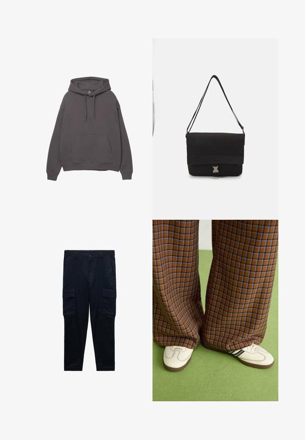 Felpa grigia in cotone con tasca frontale, cappuccio regolabile con lacci, polsi e orlo a costine. Design semplice, texture morbida e vestibilità rilassata.; Pantaloni cargo blu navy in cotone, dotati di tasche laterali, una tasca con zip e passanti per cintura; design a gamba dritta con orli a risvolto.; Pantaloni a pieghe larghi a quadri marroni e blu abbinati a scarpe bianche con dettagli neri e suole testurizzate, posizionati su uno sfondo verde.; Borsa a tracolla nera realizzata in materiale liscio, con un lembo pieghevole, hardware in metallo argentato e una tracolla regolabile.