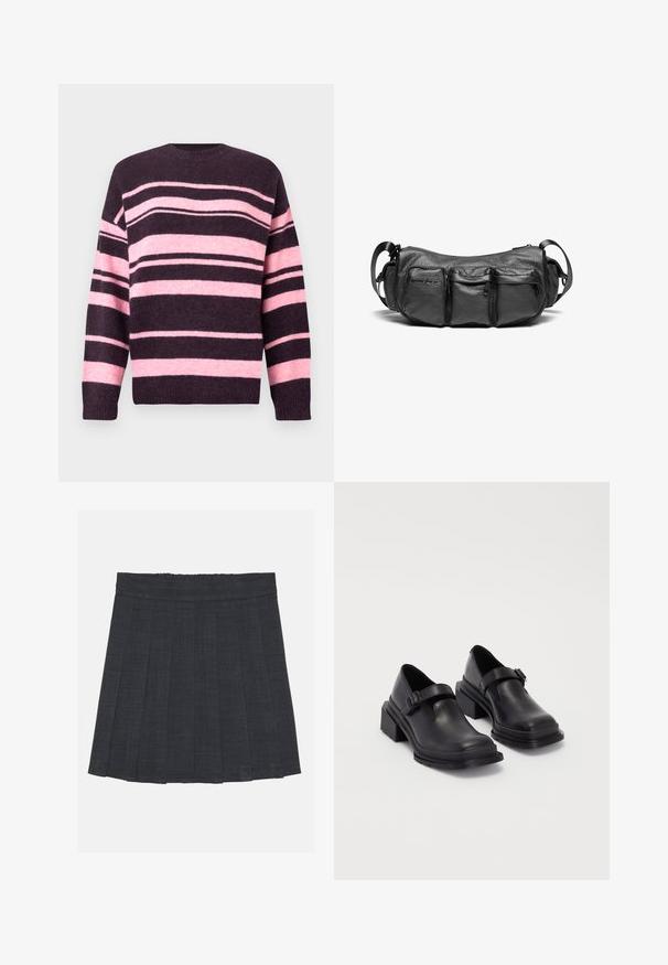 Gestreepte trui in donkerpaars en zachtroze, met brede horizontale strepen, een ronde hals en geribbelde manchetten. Gemaakt van textuurgebreid materiaal.; Donkergrijze plisséstofrok met een elastische tailleband, gekenmerkt door een gestructureerde stof en een klassieke A-lijnsilhouet. Geschikt voor casual gebruik.; Zwarte leren schoenen met een ronde neus, platte zool en een band met een gespdetail. Stevige blokhak voor extra stabiliteit.; Zwarte leren schoudertas met een gestructureerde afwerking. Beschikt over drie buitenzakken en een verstelbare schouderband. Compacte, ronde vorm.