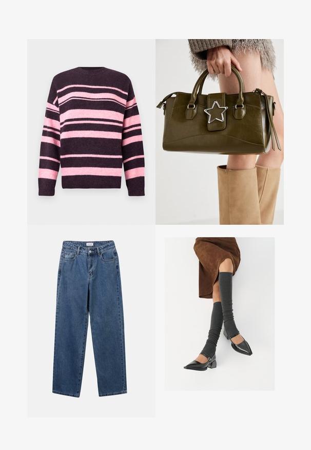 Gestreifter Pullover in Dunkellila und zartem Rosa, mit breiten horizontalen Streifen, rundem Ausschnitt und gerippten Bündchen. Hergestellt aus strukturiertem Strickmaterial.; Klassische blaue Denim-Jeans mit geradem Bein, fünf Taschen und Knopfverschluss. Sie verfügen über eine mittelblau gewaschene Optik und sind aus robuster Textur.; Schwarze lacklederne spitze Schuhe mit Blockabsatz und Knöchelriemen, kombiniert mit grauen gerippten Beinstulpen und einem braunen Wildlederrock.; Olivgrünes Kunstlederhandtasche mit silbernem Sternakzent, doppelten Griffen und einem Reißverschluss. Strukturierten Form und texturierten Oberfläche.