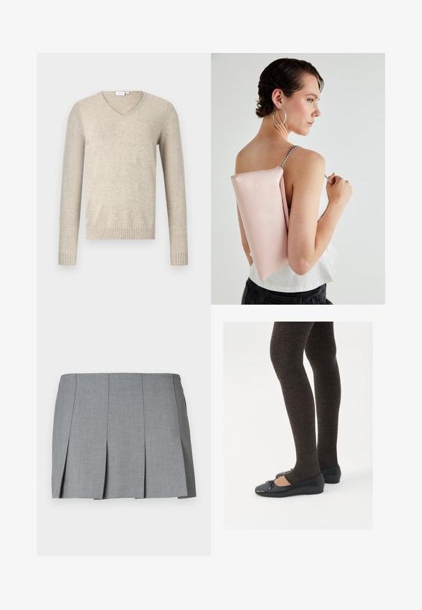 Smėlinis V formos megztinis, pagamintas iš minkštos medžiagos, su ilgomis rankovėmis ir raukiniais ant rankovių. Paprastas dizainas be raštų ar puošmenų.; Pilka plisuota sijonas, pasižymintis lygiu paviršiumi, struktūrine forma ir prigludusia juosmens linija. Pagamintas iš lengvos medžiagos su švelniu raštu.; Juodos plokščios bateliai su maža kaspinėlio detale prie pirštų, derinami su tamsiai rudos spalvos raukšlėtomis pėdkelnėmis. Bateliai turi lygų paviršių ir žemą profilį.; Rožinė odinė rankinė stačiakampio formos, su sidabro spalvos grandinės diržu ir lygiu paviršiumi, nešiojama ant nugaros. Paprastas dizainas be matomų raštų.