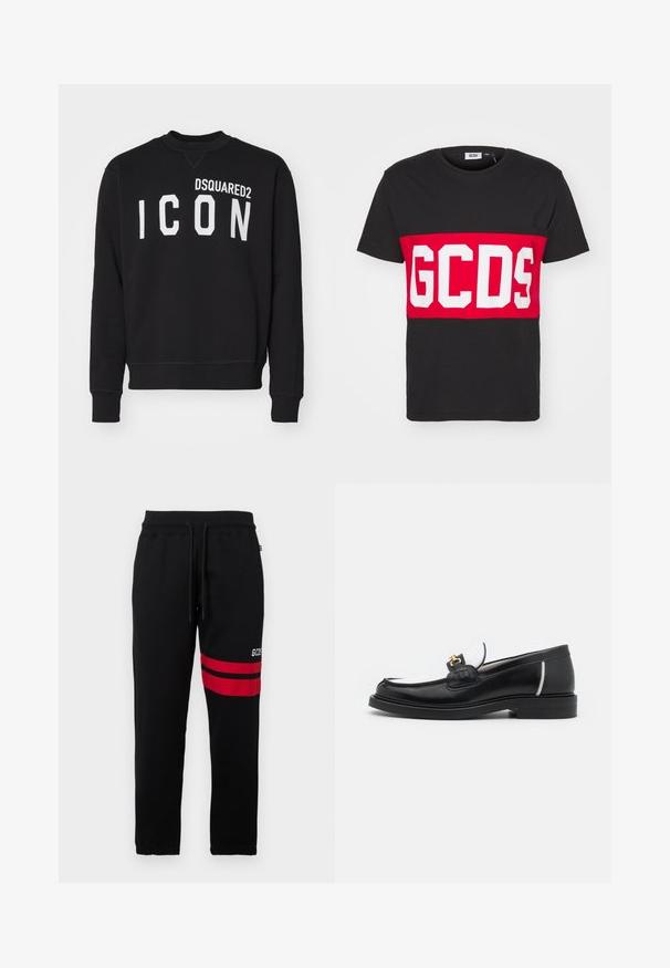 Felpa nera realizzata in tessuto morbido, con collo a giro e maniche lunghe. "DSQUARED2" e "ICON" stampati in lettere bianche in grassetto.; GCDS BAND LOGO REGULAR - T-shirt con stampa - black; Pantaloni sportivi neri con strisce rosse a contrasto e logo sul lato. Presentano una vita elastica con cordino e polsini alla caviglia a punta.; Mocassino in pelle nera con punta arrotondata, accenti bianchi e dettagli in oro sulla parte anteriore. Presenta un patch testurizzato e un tacco impilato.