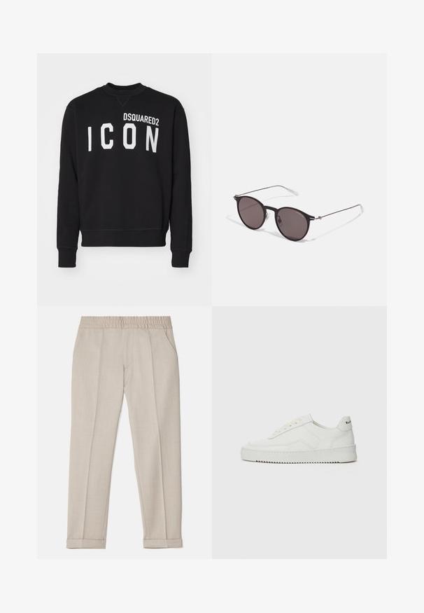 Black sweatshirt made of soft fabric featuring a crew neckline and long sleeves. "DSQUARED2" and "ICON" printed in bold white letters.; Filippa K TERRY CROPPED TROUSERS - Trousers - sage melange; White leather sneaker with a smooth finish, round toe, flat laces, and a textured sole. Features a subtle logo on the heel.; Black round sunglasses with dark lenses and slim metal arms. Includes clear temple tips and silver accents at the hinge. Minimalist design.
