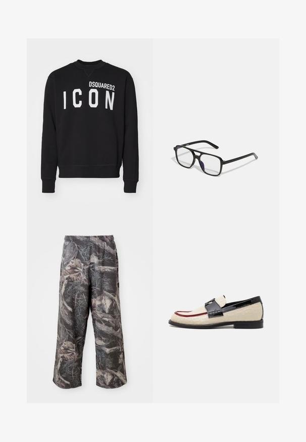 Černá mikina vyrobená z měkké tkaniny, s kulatým výstřihem a dlouhými rukávy. Nápisy "DSQUARED2" a "ICON" tištěné v tučných bílých písmenech.; Kalhoty s širokými nohavicemi v maskáčovém vzoru s tlumenou šedou a hnědou barevnou kombinací, elastickým pasem a volným střihem pro zvýšení pohodlí a pohyblivosti.; Béžové mokasíny s embosovaným vzorem, červeným akcentním pruhem a lesklým černým podpatkem. Součástí je pásek s detailem sponky. Plná černá podrážka.; Černé obdélníkové brýle s průhlednými čočkami a jemným fialovým nádechem, s elegantními stranami a minimalistickým designem.