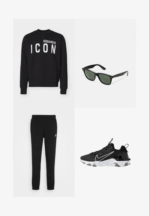 Sweatshirt noir en tissu doux avec un col rond et des manches longues. "DSQUARED2" et "ICON" imprimés en lettres blanches en gras.; Pantalons de survêtement noirs avec une taille élastique, chevilles resserrées et un petit logo Nike blanc sur le côté gauche. Fabriqués à partir d'un tissu texturé doux.; Baskets de sport noires avec une tige en tissu texturé, un swoosh Nike blanc et une épaisse semelle blanche. Équipées d'une languette au niveau du talon pour un enfilage facile.; Lunettes de soleil en plastique noir avec verres verts, monture carrée, accent argenté sur le sourcil et branches texturées. Marque indiquée sur l'intérieur de la branche.