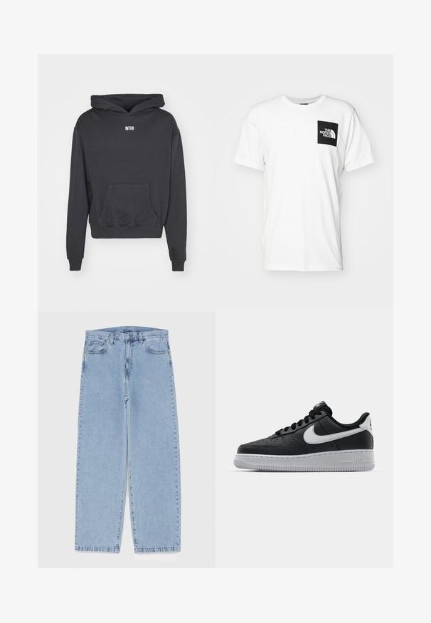 Sweatshirt preto com capuz, bolso frontal, punhos e barra canelados, apresentando a palavra "INTER" em texto branco no peito. Feito de tecido macio.; T-shirt de algodão branco com um bolso quadrado preto com o logótipo "The North Face" em branco. Manga curta e design de gola redonda.; Jeans de denim azul claro com design de perna reta, apresentando uma cintura de altura média, cinco bolsos e um fecho de botão e zíper.; Sapatilha de pele preta com superfície texturizada, swoosh branco da Nike, sola cinza, bico redondo e design com atacadores. Apresenta perfurações na caixa dos dedos.