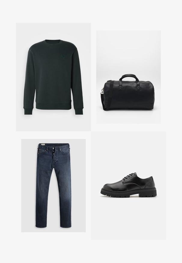 Scotch & Soda SEASONAL CORE BADGE LOGO CREW - Felpa - dark green; Jeans in denim blu scuro con taglio dritto, dotati di zip frontale, bottoni metallici e rinforzi in rame. Texture liscia, senza motivi visibili.; Scarpe in pelle nera con punta arrotondata, design lace-up e suola in gomma spessa e testurizzata. Presentano una cucitura lungo il bordo e una finitura liscia.; Borsa a secchiello nera realizzata in materiale sintetico testurizzato. Presenta due manici e una tracolla regolabile. Design semplice senza motivi visibili.