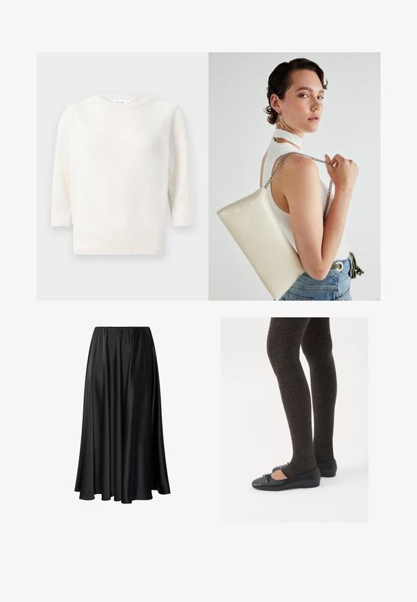 Hvid strikket sweater med rund hals, mellemlange ærmer og ribbet kant. Blød tekstur, let stof og ingen synlige mønstre.; Sort maxiskirt lavet af glat stof, med en elastisk talje, fuld silhuet og en flydende kant uden synlige mønstre eller detaljer.; Sorte flade sko med en lille sløjfedetalje ved tåen, parret med mørkebrune ribbede strømpebukser. Skoene har en glat overflade og lav profil.; Hvid rektangulær clutch-taske lavet af skinnende materiale, med en sølv kædetransport. Modellen poser, mens hun fremviser tasken mod en ensfarvet baggrund.