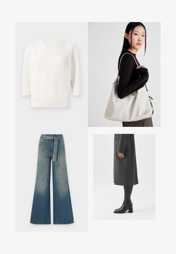 Pull en tricot blanc avec un col rond, des manches mi-longues et un ourlet côtelé. Texture douce, tissu léger et sans motifs visibles.; Pantalons en denim à jambe large présentant un dégradé de bleu clair à bleu foncé, taille haute, passants de ceinture et une ceinture en tissu assortie. Finition en denim texturé.; Manteau gris taillé à coupe droite ; associé à des bottes en cuir noir jusqu'au genou avec un bout carré et un talon épais.; Sac à main beige en matériau souple, avec un design décontracté, des détails cousus et deux poignées. Idéal pour un usage quotidien.