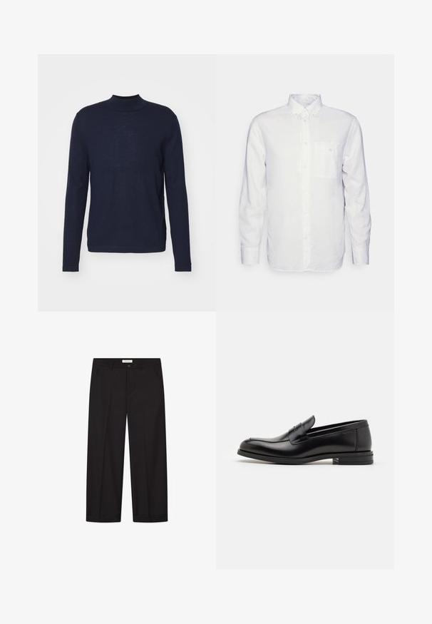 Suéter de gola alta de manga longa azul marinho, feito de um material suave e leve. Apresenta um design ajustado com costuras mínimas e uma textura lisa.; Camisa de manga longa branca feita de algodão, com colarinho abotoado, bolso frontal e corte regular. Tecido texturizado com superfície lisa.; Calças largas pretas feitas de tecido suave. Apresentam um fecho com botão e zipper, dois bolsos frontais e um acabamento de bainha nítido.; Mocassins de couro preto com uma textura suave, bico arredondado e uma faixa decorativa sobre o peito do pé. Salto baixo e empilhado, design minimalista.