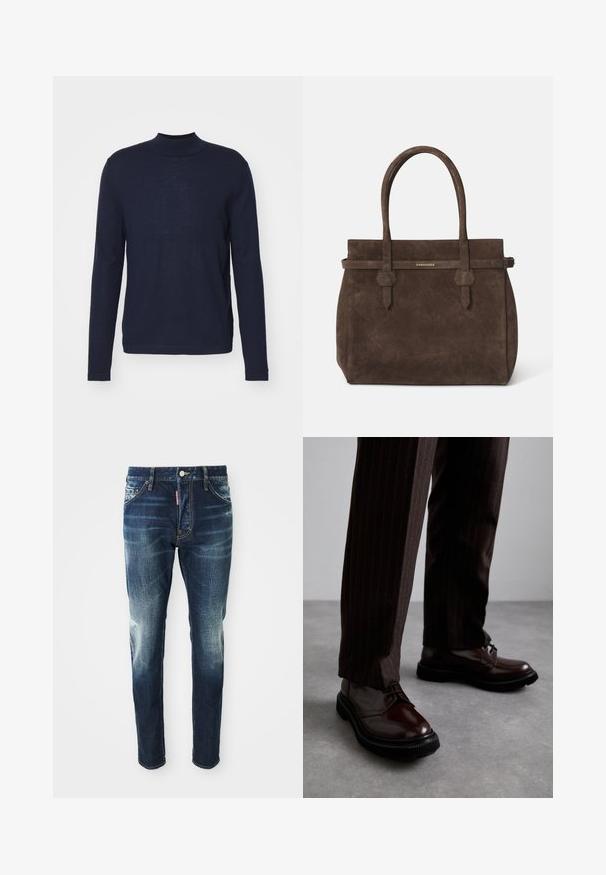 Navy zila garām piedurknēm turtleneck džemperis, izgatavots no mīksta, viegla materiāla. Iespējams, ka dizains ir pieguļošs ar minimālām šuvēm un gludu tekstūru.; Tumši zila džinsu auduma bikses ar šauru piegriezumu, ar izbalējušām vietām uz gurniem un ceļgaliem, piecām kabatām un metāla pogas aizdari.; Brūni ādas šņorējami apavi ar spīdīgu apdari, melna gumijas zole un smalki satīti šuvumi. Valkāti ar svītrainām brūnām biksēm.; Tumši brūns zamšains somiņas ar divām rokturiem un horizontālu siksnu, kurai ir neliels zelta DSQUARED2 logotipa plāksne.