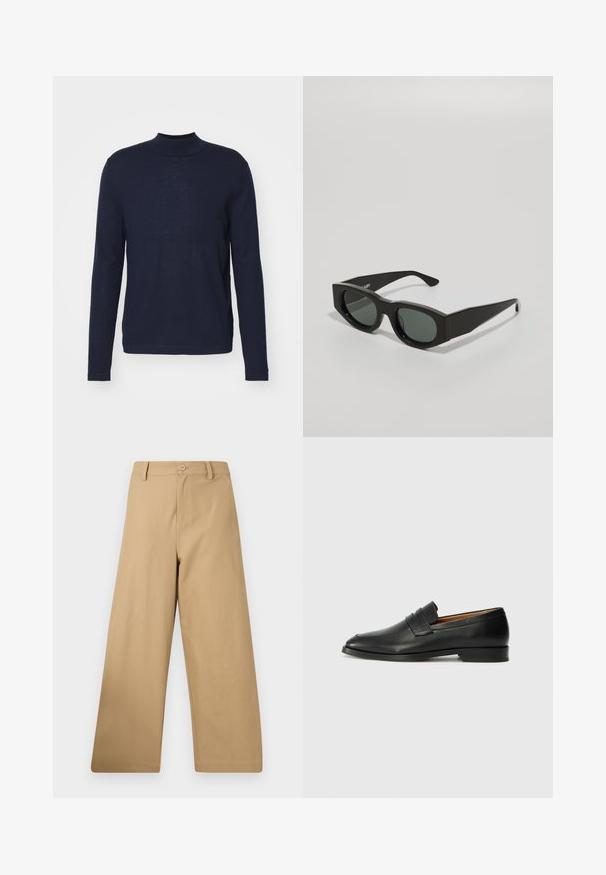 Námorně modrý svetřík s dlouhým rukávem a rolákem vyrobený z měkkého a lehkého materiálu. Disponuje přiléhavým střihem s minimem švů a hladkým povrchem.; Široké kalhoty ve světle hnědé látce, s knoflíkovým zapínáním, poutky na pásek a hladkým povrchem bez viditelných vzorů.; Černé kožené mokasíny s kulatou špičkou, jemným prošíváním a nízkým podpatkem, s hladkým povrchem a minimalistickým designem.; Černé obdélníkové sluneční brýle se zelenými skleněnými čočkami, silnými obrubami a plochými stranami, s hladkou plastovou texturou.